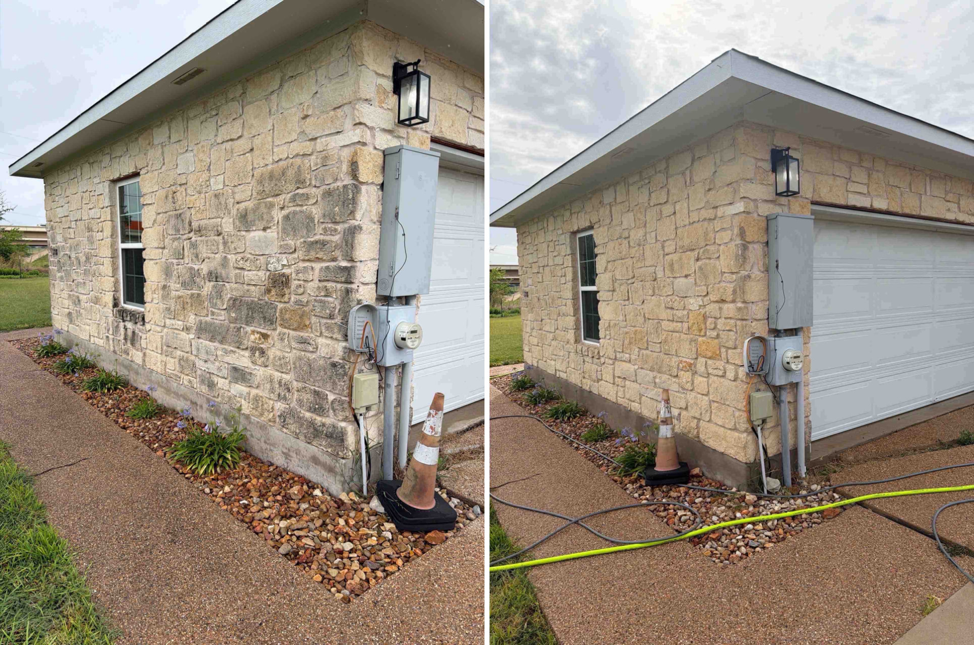Before and after stone house exterior soft washing