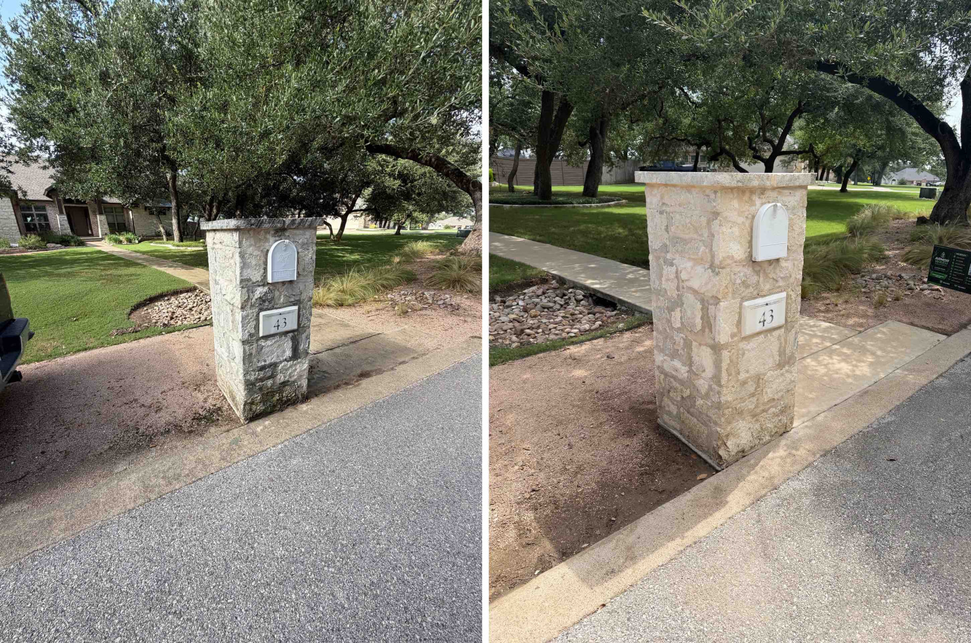 Before and after stone mailbox column cleaning