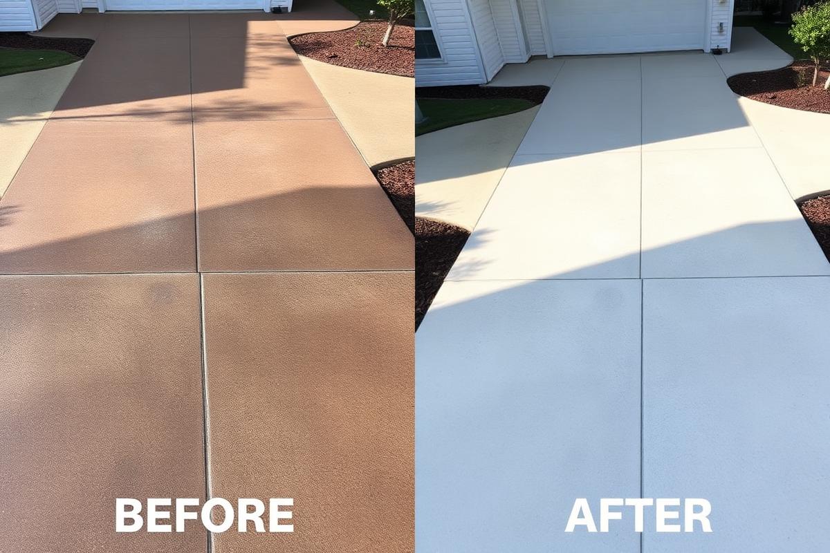 Before and after driveway pressure washing comparison